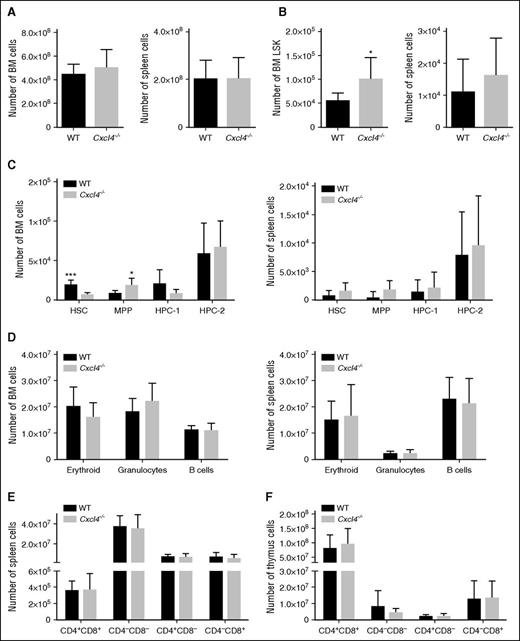 Figure 6. Cxcl4−/− mice display a reduction in HSC compartment. (A) BM (left) and spleen (right) from WT mice (n = 6) or Cxcl4−/− mice (n = 6) were harvested and total cellularity assessed. (B) Numbers of LSK cells for BM (left) and spleen (right) from WT mice or Cxcl4−/− mice. (C) Numbers of HSC, MPP, HPC-1, and HPC-2 in the BM (left) and spleen (right) from WT mice or Cxcl4−/− mice are shown. (D) Numbers for BM (left) and spleen (right) erythroid, granulocyte, and B-cell compartments from WT and Cxcl4−/− mice are shown. (E) Numbers for T-cell populations in the WT and Cxcl4−/− spleen identified with CD4 and CD8 markers are shown. (F) Numbers for T-lineage populations in the WT and Cxcl4−/− thymi were identified with CD4 and CD8 markers. Statistical analysis was performed using an unpaired two-tailed Student t test. All error bars indicate SEM of the mean (*P < .05; ***P < .001).