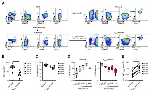 Figure 2. CD8+ T-cell subset composition of CD19-CAR–modified standard and TSCM-enriched products. (A) Flow cytometry analyses of cells from a representative healthy donor (HD) at different steps of the 9-day manufacturing processes for the generation of CD19-CAR–modified standard and TSCM-enriched products. Data are shown after gating on live cells (left panels) or live CD3+ T cells (right panels). Numbers indicate the percentage of cells in each gate. (B) Fold expansion of CD19-CAR–modified T cells generated under standard and TSCM-enriched culture conditions. Data represent results from 6 HD; mean value ± SEM is indicated (*P < .05; Wilcoxon matched-pairs signed rank test). (C) Percentage of CD19-CAR–transduced T cells in standard and TSCM-enriched products. Data represent results from 6 HDs; mean value ± SEM is indicated. (D) Percentage of CD8+ T-cell subsets in the CD19-CAR–modified standard and TSCM-enriched products. TSCM were defined as CD3+CD8+CD45RO−CCR7+CD45RA+CD62L+CD27+CD95+ cells; TCM as CD3+CD8+CCR7+CD45RO+; TEM as CD3+CD8+CCR7−CD45RO+; TTE as CD3+CD8+CCR7−CD45RO−; other cells as CD3+CD8+CCR7+CD45RO− not displaying the full TSCM phenotype. Data representing results from 6 HDs are shown as box-and-whisker plots extending to minimum and maximum values. Bands inside the box represent median values. (E) Theoretical number of CD19-CAR+CD8+ TSCM obtainable from stimulation of 1 × 108 PBMCs (standard products) or Fab-streptamer–enriched CD8+ TN (TSCM-enriched products). Data represent results from 6 HDs (*P < .05; Wilcoxon matched-pairs signed rank test).