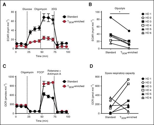 Figure 5. CD19-CAR–modified TSCM exhibit enhanced metabolic fitness. (A) ECAR of CD19-CAR–modified standard and TSCM-enriched products from a representative healthy donor (HD) under basal culture conditions and in response to the indicated molecules. Data are shown as mean values ± SEM. (B) Glycolytic response by CD19-CAR–modified standard and TSCM-enriched products of 6 HDs following glucose administration. ECAR values are shown after subtraction of basal ECAR measurements (*P < .05; Wilcoxon matched-pairs signed rank test). (C) OCR of CD19-CAR–modified standard and TSCM-enriched products from a representative HD under basal culture conditions and in response to the indicated molecules. Data are shown as mean values ± SEM. (D) SRC (maximal OCR − basal OCR) of CD19-CAR–modified standard and TSCM-enriched products of 6 HD. 2-DG, 2-Deoxyglucose.