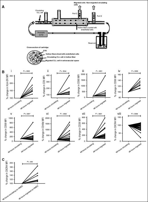 Figure 3. CLL cells that migrate have a strikingly similar phenotype to those derived from the LN. (A) CLL PBMCs were introduced into the circulating model system coated with human endothelial cells (human umbilical vein endothelial cell23 or human microvascular endothelial cell-19,10), and samples were collected from port C (migrated) and port D (circulating) after 48 hours. Matched CD5+/CD19+ CLL cells from each compartment were analyzed using multicolor flow cytometry. (B) Compared with CLL cells that remained circulating, migrated CLL cells had a phenotypic pattern strikingly similar to LN-CLL cells: higher HLA-DR (n = 7, Ai), CD5 (n = 12, Aii), CD80 (n = 19, Aiii), CD86 (n = 7, Aiv), CD69 (n = 26, Av), CD49d (n = 36, Avi), and CD38 (n = 32, Avii), and reduced CXCR4 (n = 34, Aviii). CLL cells that remained circulating had a pattern reflective of PB-CLL cells. (C) PBMCs from 11 patients were introduced into the circulating model system in the absence of endothelial cell coating. The numbers of CLL cells migrating was much lower than in the presence of endothelial cells and only sufficient for analysis migrated from 8 patients. In these 8 cases, the migrated CLL cells had increased CXCR4 expression compared with those that remained circulating. HMEC, human microvascular endothelial cell.