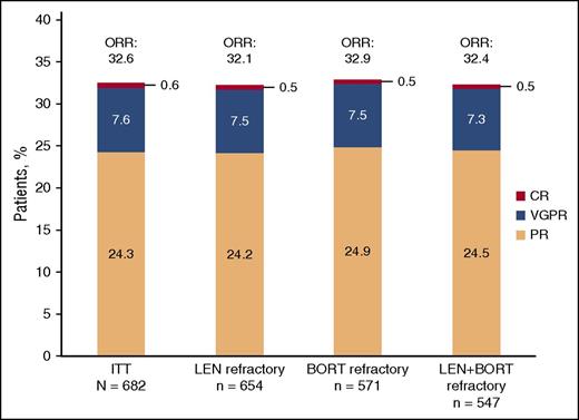 Figure 1. Investigator-assessed response to treatment using IMWG criteria. BORT, bortezomib; CR, complete response; LEN, lenalidomide; VGPR, very good partial response.
