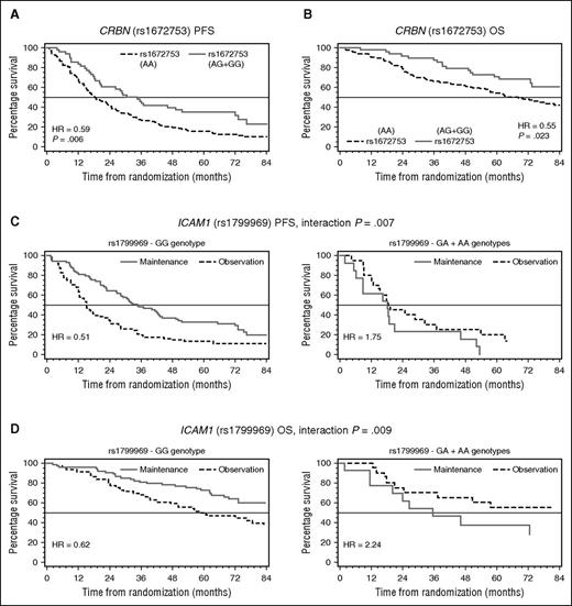 Figure 1. Kaplan-Meier plot comparing survival of patients from the MY.10 clinical trial by SNP status. HR of CRBN (rs1672753) represent hazard of patients with at least 1 minor allele vs patients with 2 major alleles. HR of ICAM1 (rs1799969) represents hazard of treatment (maintenance) vs observation for each genotype group.