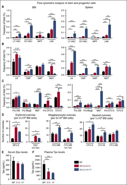 Figure 5. Analysis of hematopoietic stem and progenitor subsets in JAK2-Ex12 transgenic mice. (A) Bar graphs shows the average frequency of LT-HSC (Lin−Kit+Sca-1+CD150+CD48−), ST-HSC (Lin−Kit+Sca-1+CD150+CD48+), MPP (Lin−Kit+Sca-1+CD150lo CD48+), and LSK in total BM (left) and spleen (right) of indicated mice (n = 5-6 mice per each genotype). (B) Average frequency of myeloid precursors LK, CMP (Lin−Kit+Sca-1+ CD34+ FcγRII/IIIlo), GMP (Lin−Kit+Sca-1+ CD34+ FcγRII/III+), and MEP (Lin−Kit+Sca-1+ CD34− FcγRII/IIIlo) in total BM (left) and spleen (right) of indicated mice (n = 5-6 mice per each genotype). (C) Average frequency of MK and erythroid committed subsets, Pre-GM (Lin−Kit+Sca-1−CD41−/+CD150−CD105−), Pre-MegE (Lin−Kit+Sca-1−CD41−/+ CD150+CD105−), MkP (Lin−Kit+Sca-1−CD41+CD150+), Pre–erythroid CFU (CFU-E) (Lin−Kit+Sca-1−CD41−CD150+CD105+), and CFU-E (Lin−Kit+Sca-1−CD41−CD150loCD105+) in total BM (left) and spleen (right) of indicated mice (n = 5-6 mice per each genotype). Mice were analyzed 16 weeks after pIpC injection. (D) Analysis of colonies grown in semisolid media. Numbers on Y-axis indicate the colony counts. (E) Serum Epo levels. (F) Plasma Tpo levels (n = 6 mice per genotype). All data are presented as mean ± SEM. One-way or two-way ANOVA with subsequent Bonferroni post-test was used. *P < .05; **P < .01; ***P < .001. CMP, common myeloid progenitors; GMP, granulocyte-monocyte progenitors; HSC, hematopoietic stem cell; LK, Lin−cKit+; LSK, Lin−Sca-1+cKit+; LT-HSC, long-term HSC; MEP, MK-erythrocyte progenitors; MkP, MK progenitors; MPP, multipotent progenitors; Pre-GM, pre–granulocyte-monocyte progenitors; Pre-MegE, Pre–megakaryocyte-erythroid progenitors; ST-HSC, short-term HSC.