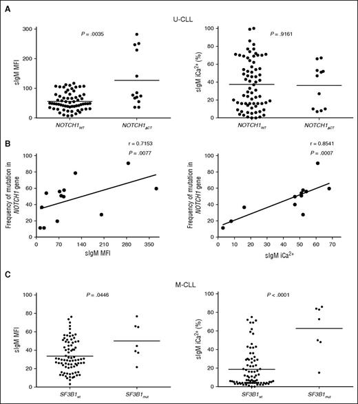 Figure 4. sIgM levels or signaling and NOTCH1 or SF3B1 mutations in CLL. Associations or correlations of NOTCH1ΔCT with sIgM levels or signaling capacity were sought following identification of NOTCH1ΔCT by ARMS PCR and Sanger sequencing or following determination of NOTCH1ΔCT allele frequency by digital PCR in the tumor population. (A) Associations NOTCH1ΔCT with sIgM levels or signaling capacity. (B) Correlation analyses between NOTCH1ΔCT allele frequency and sIgM expression and signaling was assessed by digital PCR in those cases that scored NOTCH1ΔCT mutants by ARMS PCR/sequencing. (C) SF3B1 mutational status was determined by HRM-PCR and confirmed by Sanger sequencing. Cases with and without SF3B1 mutation were investigated for association with sIgM expression and sIgM-mediated signaling responses. Horizontal bars indicate mean values. Statistical analyses for associations were performed using the Mann-Whitney test (2 tailed, 95% CI). Statistical analyses for correlations were performed using the Spearman rank correlation test.