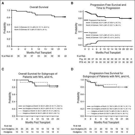 Figure 1. OS and PFS. OS (A) and PFS (B) for 40 patients undergoing autologous hematopoietic cell transplantation. OS (C) and PFS (D) for the subgroups of patients with non-Hodgkin and Hodgkin lymphoma, respectively. Prg., progression.