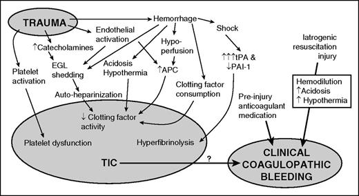Figure 1. Schematic overview of TIC. Trauma induces a laboratory-evident coagulopathy through a variety of different pathways, which is likely modulated by baseline patient factors such as genetics and comorbidities. Unfortunately, few causative relationships are currently known. TIC is a separate entity from iatrogenic causes of coagulopathy including hemodilution and preinjury anticoagulant therapy. Currently, the literature only identifies TIC based on laboratory abnormalities, and its relationship to true clinical coagulopathic bleeding is unknown.