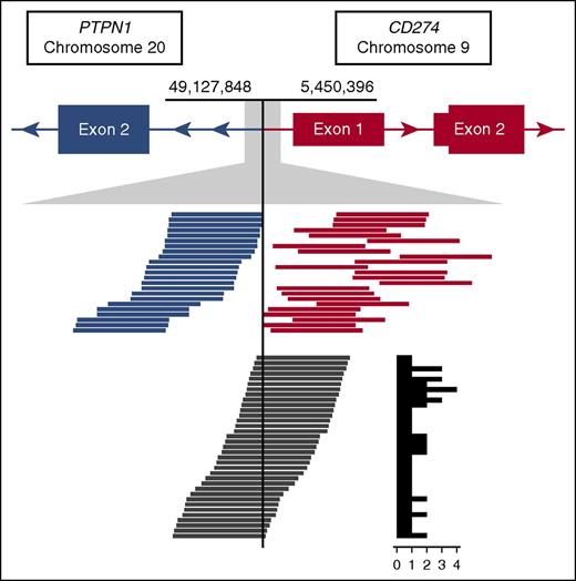 Figure 5. Read support for the CBR1 t(9;20) identified in case CS10. The top track represents gene models in der9, where PTPN1 is joined from intron 1 onward in opposite orientation upstream of CD274. Tracks below show an expansion of the breakpoint region. Blue and orange lines represent the paired spanning reads supporting the rearrangement, and dark gray lines represent the split reads with the supporting count summarized in a histogram to the right.
