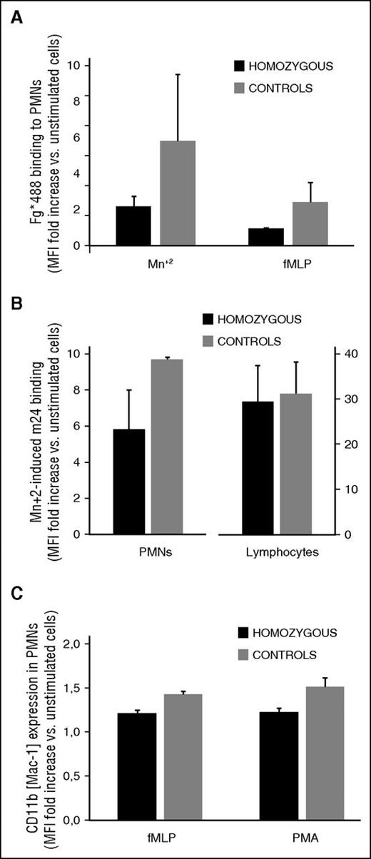 Figure 6. Impaired integrin activation in leukocytes from homozygous carriers of the CalDAG-GEFI S381F and R113X mutations. (A,B) β2 integrin activation. Neutrophils were kept resting or were stimulated with the indicated agonists in the presence of (A) Alexa Fluor 488-fibrinogen or (B) m24 antibody to determine the activation state of αMβ2 and αLβ2, respectively. C) Granule secretion. Neutrophils were kept resting or were stimulated with N-formylmethionyl-leucyl-phenylalanine (fMLP; 1 mM) or PMA (100 nM) in the presence of a phycoerythrin-labeled antibody to CD11b (Mac-1). Results are expressed as the mean fold increase, plus standard error, in median fluorescence intensity from data obtained in the 3 homozygous patients (black bars) and 3 healthy controls (gray bars).