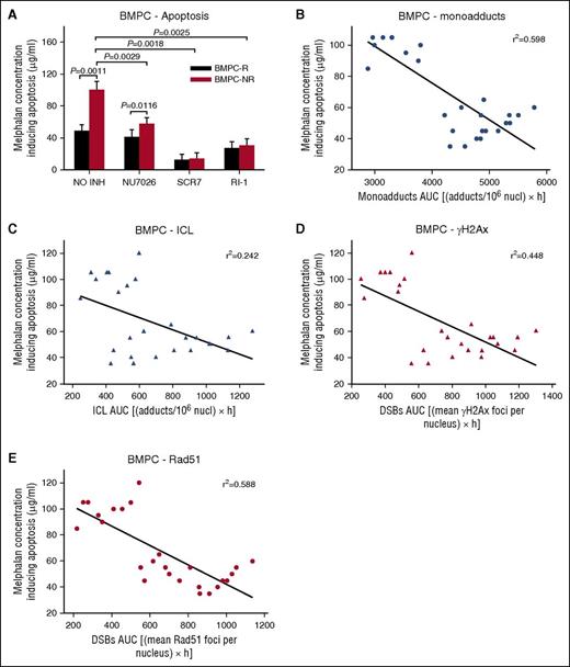 Figure 6. The induction of the apoptotic pathway in BMPCs. (A) The induction of apoptosis after treatment of BMPCs with melphalan alone or in combination with an inhibitor. Correlation between the melphalan doses required for the induction of apoptosis and the drug-induced monoadducts (B), ICLs (C), γH2AX (D), and Rad51 foci (E) in the same patients. The experiments shown were based on a minimum of 3 independent repeats and the data reported are the mean ± SD of all the patients analyzed.