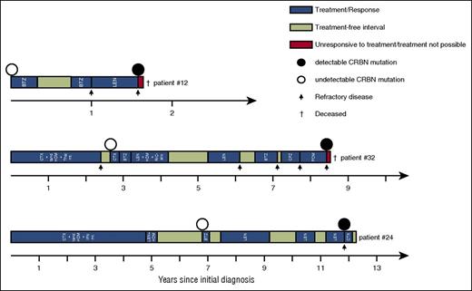 Figure 3. Clinical course and treatment history of 3 MM patients with acquired IMiD resistance. CD138-purified tumor samples were obtained after progression to an IMiD-based treatment and from earlier IMiD-responsive disease stages in each patient. A mutation in CRBN was identified at IMiD-resistant disease stage (black circles). This mutation, however, was undetectable at earlier IMiD-sensitive disease stages in all 3 patients (white circles), suggesting a correlation with the acquired IMiD resistance in these patients. Patient #12 (CRBN mutation Q327TER) was a 72-year-old female diagnosed with MM immunoglobulin G kappa (IgG κ). She was initially treated with bortezomib (BTZ), rapidly relapsed, and died as a result of PD during lenalidomide (LEN) treatment (detection of CRBN mutation). Patient #32 (CRBN mutation P411H) was a 44-year-old female diagnosed with MM IgG κ. She was treated with several chemotherapy agents, high-dose melphalan (HDM), and novel agents, including BTZ, carfilzomib (CFZ), LEN, and pomalidomide (POM), and she died during PD from POM-refractory disease (detection of CRBN mutation). Patient #24 (CRBN mutation F381C) was a 64-year-old male diagnosed with MM IgA λ. Initial treatments included tandem (tand.) HDM and interferon (IFN) maintenance. After a long disease course with several short retreatments including BTZ, LEN, and HDM, the disease became lenalidomide-refractory (detection of CRBN mutation) and conventional chemotherapy was begun. Black arrows indicate refractoriness to the indicated treatment. CTX, chemotherapy; mt., maintenance; RIC-allo, reduced-intensity conditioning allogeneic stem cell transplantation; Thal, thalidomide.