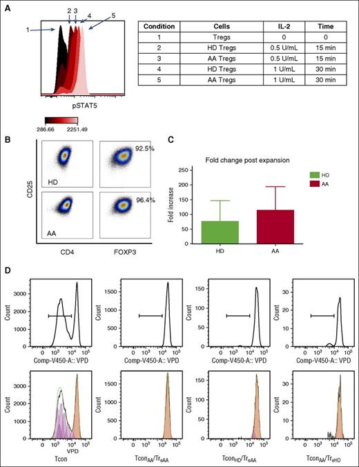 Figure 5. (A) Tregs from both AA patients and HDs were sensitive to IL-2 (at 0.5 and 1 U/mL concentrations) as evident by STAT5 phosphorylation after 15 and 30 minutes. Flow cytometry results are representative of 8 experiments (2 HDs and 6 AA patients). (B) Expanded Tregs were >90% FOXP3+ following expansion. (C) There was no significant difference between AA and HD Tregs in terms of fold-change increase after 4 weeks’ expansion (represents median-fold increase of 3 HDs and 3 AA). Error bars are standard error of mean. (D) Expanded Tregs were able to suppress Tcon proliferation in both autologous and allogeneic settings (crisscross assay) (1:1 Treg/Tcon ratio after 96 hours’ culture). It is noticeable that in this experiments, TconAA were proliferating slightly more than TconHD in the presence of expanded Tregs (6.43% vs 3.86%); however, this difference was not statistically significant when all replicates were compared. Tcon was stained by violet proliferation dye (VPD). TconAA, conventional T cells from AA patients; TconHD, conventional T cells from healthy donors; TreAA, expanded Tregs from AA patients; TreHD, expanded Tregs from healthy donors.
