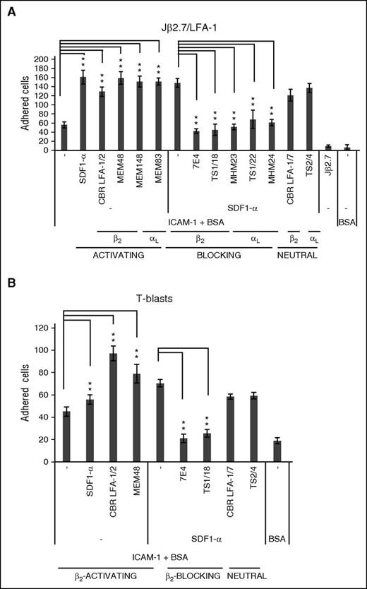 Figure 1. Activating, blocking, and neutral antibodies toward LFA-1 affect binding of Jβ2/LFA-1 cells or T blasts to ICAM-1. (A,B) Static adhesion test to ICAM-1. Jβ2.7/LFA-1 cells (A) or T blasts (B) were activated with the chemokine SDF-1α or activating antibodies or with SDF1-α alone or together with blocking or neutral antibodies. Cells were allowed to bind to an ICAM-1-coated surface, unbound cells washed off, and bound cells counted from 6 screens in triplicate. Amounts of bound cells and standard deviations are shown. **P < .01.