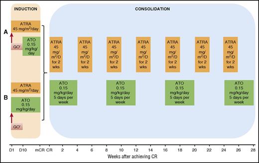 Figure 1. Treatment regimen. (A) Details of induction course, regimen A. (B) Details of induction course, regimen B. *One dose of GO 9 mg/m2 was given on day 1 for high-risk patients (defined by WBC count >10 × 109/L on presentation) and low-risk patients in whom the WBC count increased to more than 10 × 109/L during the first 4 weeks of therapy. D, day; mCR, marrow complete remission; wks, weeks.
