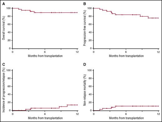 Figure 1. OS, PFS, CIR, and NRM following HSCT in patients previously treated with a PD-1 inhibitor. (A) OS, (B) PFS, (C) CIR, and (D) NRM.