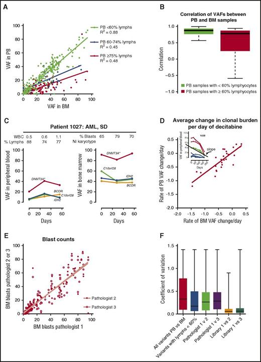 Figure 2. Measurements of disease burden using mutations vs morphologic evaluation. (A) Comparison of VAF in the PB vs BM samples. Samples with <60% lymphocytes (lymphs) are indicated in green, 60% to 74% in blue, and ≥75% in red. (B) Correlation between PB and BM VAFs based on the percent PB lymphocytes (see supplemental Methods). (C) Comparison of VAFs in patient 1027, who had a high percentage of PB lymphocytes at multiple time points. (D) Comparison of the rate of change in the tumor burden in the PB vs BM. Each data point represents the slope of VAF change during decitabine treatment of an individual patient. Because the total number of variants in the founding clone was small, the slope of the founding clone was determined using the mutation with the highest copy number–adjusted VAF on day 0. (Inset) Red, variants with copy number changes; green, founding clone variants; blue, subclonal variants; (main plot) red, average rate of change in the VAF. (E) Interobserver variability in blast count estimates between hematopathologists. (F) Coefficients of variation among all PB and BM VAFs, variants in cases with <60% blood lymphocytes, 200 cell morphologic blasts counts among 3 pathologists, and bone marrow VAFs among 3 replicate libraries created from the same sample (supplemental Figure 5D). The coefficient of variation differed between the replicate library VAFs and all other samples (P < .001) and between the blood and BM VAFs vs variants in cases with <60% blood lymphocytes (P < .05, 1-way analysis of variance Kruskal-Wallis test with Dunn’s posttest comparison of all pairs).