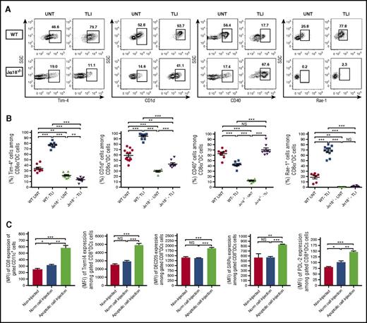 Figure 3. Changes in surface receptors of CD8+ DCs after TLI conditioning or injection of apoptotic spleen cells. (A) Shows representative FACS patterns and (B) mean percentages of Tim-4+, CD1d+, CD40+, or Rae-1+ cells on gated splenic CD8+CD11c+ cells from untreated wild-type (n = 8) or Jα18−/− (n = 8) or from TLI conditioned wild-type (n = 8) or Jα18−/− (n = 8) mice at day 5 after completion of conditioning. Bars show mean percentages. (C) Compares the MFI values ± standard error (SE) for staining of CD8, Treml4, DEC205, SIRPα, and PDL-2 receptors on gated CD8+CD11c+ spleen cells from either untreated BALB/c mice (noninjected) (n = 5), BALB/c mice given a single IV injection of whole spleen cells from untreated BALB/c donors (Norm cell injection) (n = 5), or BALB/c mice given a single IV injection of whole spleen cells obtained immediately after 10 daily doses of TLI (apoptotic cell injection) (n = 6). Staining of recipient spleen cells was performed 48 hours after the injection of donor syngeneic spleen cells.