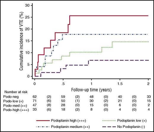 Figure 3. Cumulative incidence of venous thromboembolism (VTE) accounting for competing risk (death of any cause other than fatal VTE) according to expression levels of podoplanin. Podoplanin expression was associated with a significantly increased risk of VTE; the probability of VTE increased with increasing levels of podoplanin staining intensity. Log-rank test comparing the cause-specific hazards of VTE (null hypothesis: all 4 podoplanin staining groups have the same VTE rate): P = .019; Gray’s test comparing the competing risk cumulative incidences (null hypothesis: all 4 podoplanin staining groups have the same VTE risk): P = .062.