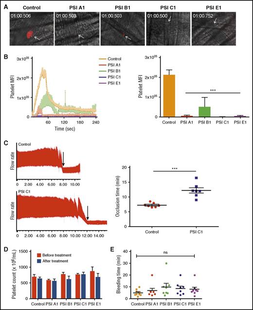 Figure 7. Anti-β3 PSI mAbs inhibited thrombus formation in in vivo murine thrombosis models without significantly affecting tail bleeding time and platelet counts. C57 mice were injected anti-PSI mAbs before injury. Thrombus formation was monitored and recorded using a computerized digital camera. (A) Representative images showing that thrombosis was induced by a laser injury to the cremaster arterioles. In untreated mice (Control), thrombi reached their maximal size ∼40 seconds after injury. (B) IV injection with anti-PSI mAbs (5 μg in 100 μL saline) 30 minutes before injury significantly inhibited thrombus formation and growth (mean ± SEM; ***P < .001; n = 3 each). (C) FeCl3 injury in a carotid artery thrombosis model. PSI C1 (5 μg in 100 μL saline) pretreatment inhibited carotid artery thrombus formation. Left panel: representative tracing of carotid artery flow after FeCl3 injury. Arrows indicate the time of vessel occlusion. Right panel: statistical analysis of vessel occlusion time (mean ± SEM; **P < .01; n = 7). (D) Anti-PSI mAbs did not induce a significant platelet clearance. Mice were injected with saline or anti-PSI mAbs or anti-native β3 mAbs (5 μg in 100 μL saline). Platelet count was checked 40 minutes after injection (mean ± SEM; NS; n = 3). This result is different from other anti-β3 polyclonal or monoclonal antibody (eg, JAN D1. 9D2 or M1; supplemental Figure S7)–induced platelet clearance.46 (E) Anti-PSI mAbs did not significantly increase tail bleeding time. Mice were injected with anti-PSI mAbs (5 μg in 100 μL saline). Forty minutes after treatment, the bleeding times of each group were compared (mean ± SEM; NS; n = 8-9).