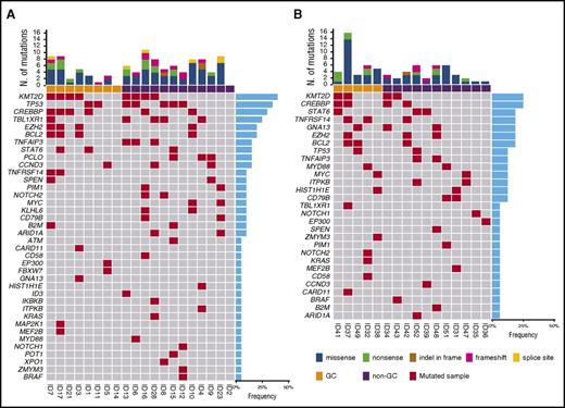Figure 2. Overview of the DLBCL genotype discovered in tumor gDNA. Case-level mutational profiles of 20 training (A) and 16 validation (B) DLBCL tumors genotyped on gDNA from the tissue biopsy. Each column represents 1 tumor sample and each row represents 1 gene. The fraction of tumors with mutations in each gene is plotted (right). The number of mutations in a given tumor is plotted above the heat map. Cases are clustered according to the cell of origin.