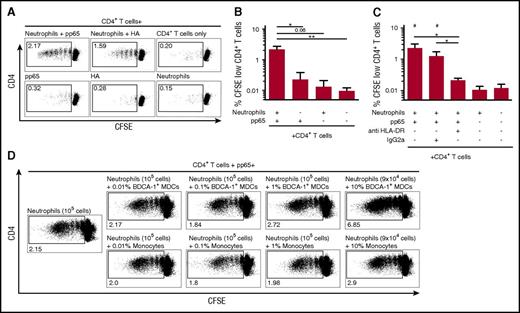Figure 3. Human neutrophils present the antigen to antigen-specific memory CD4+ T cells in an HLA-DR–dependent manner. Neutrophils from CMV- or influenza-seropositive donors were pulsed with pp65 or HA and cocultured with autologous CFSE-labeled CD4+ T cells for 5 days. (A) Representative plots of HA (where indicated) or pp65-specific proliferating CD4+ T cells for the indicated conditions. (B-C) Bars show percentages of pp65-specific proliferating CD4+ T cells. (C) HLA-DR neutralizing antibody strongly reduced CD4+ T-cell proliferation mediated by neutrophils whereas no reduction was observed in presence of the same concentration of isotype control (mean ± SEM, n = 3-8 donors); *P < .05, **P < .01 and #P < .01 vs CD4+ T cells only. (D) CD4+ T-cell proliferation induced by neutrophils alone or in presence of different amounts of BDCA-1+ MDCs (up to 10%) or CD14+ monocytes (up to 10%).