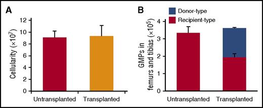 Figure 5. Many endogenous myeloid progenitors are replaced by donor myeloid progenitors upon the transplantation of HSCs into unconditioned mice. Unconditioned CD45.1 × CD45.2 recipients were transplanted with 2.5 × 105 purified CD45.2 HSCs. Bone marrow was analyzed for the numbers of total nucleated cells (A) and donor (CD45.2+), endogenous (CD45.1+CD45.2+), and total GMPs (B) 13 weeks after transplantation (n = 3). All error bars represent standard deviations of the means.