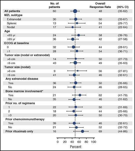 Figure 2. ORRs according to subgroup. Forest plot representing subgroup analyses of ORRs as assessed by the independent review committee in the efficacy population (N = 60). The sizes of the circles are proportional to the sizes of the subgroups; error bars indicate 95% CIs. The dashed vertical line represents the overall treatment effect for all patients. *Results of bone marrow assessment were considered indeterminate in 4 patients.