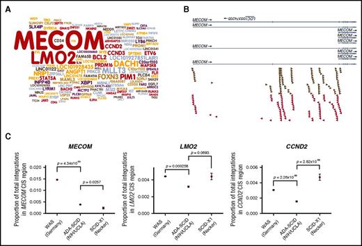 Figure 1. Cancer-related genes are targeted and dysregulated, causing expansions. (A) Frequently targeted genes. Gene name size corresponds to frequency with which the gene’s transcription start site was the nearest transcription start site to an integration site. Gene names in red are associated with human or murine leukemias.38,39 (B) Integration clusters near MECOM among all patients. ISs in the sense and antisense orientation relative to MECOM are denoted by arrows. (C) A lower proportion of ISs was near the MECOM CIS region defined in the present analysis than in a retroviral WAS trial. The proportion of total integrations within the MECOM CIS area called by the kernel convolution approach was quantified for data sets from other clinical gene therapy trials. A Fisher exact test was used to compare the proportions, and P values are indicated. Error bars represent Gaussian approximation of a binomial 95% confidence interval.