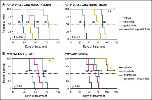 Figure 5. Survival advantage with inhibitor monotherapy and combination inhibitor treatment. Animals engrafted with (A) relapsed (ALL121) or de novo (JH331) CRLF2/JAK-mutant Ph-like ALL were treated with vehicle, ruxolitinib chow, gedatolisib 10 mg/kg intraperitoneally daily, or both ruxolitinib and gedatolisib until moribund (n = 5 mice per treatment cohort) for up to 120 days. Similarly, animals engrafted with (B) de novo ABL1-mutant ALL (NH011, PHL3) were treated with vehicle, dasatinib 10 mg/kg twice daily via oral gavage, gedatolisib, or both dasatinib and gedatolisib for up to 120 days. X-axes depict duration of inhibitor treatment (week 0 = treatment initiation) in mice after documentation of human leukemia engraftment (≥5% ALL in peripheral blood). Kaplan-Meier survival curves for each xenograft model were compared statistically using the log-rank test (P values indicated on graphs for each model). Dotted lines delineate median survival in each study with corresponding values for listed each treatment (black numbers). NR, 50% survival not reached.