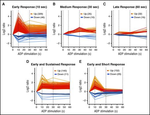 Figure 1. Phosphorylation response to ADP stimulation. Phospho-peptides classified in (A) early, (B) medium, and (C) late signals after ADP treatment of 10 seconds, 30 seconds, and 60 seconds. Early responders were further classified into (D) sustained and (E) short signals.