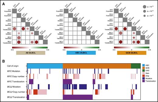 Figure 2. Spectrum and correlation of MYC and BCL2 genetic alterations in DLBCL. (A) Statistically significant (q < 0.01) positive (red) and negative (green) correlations among MYC/BCL2 genetic alterations and MYC/BCL2 protein expression in the entire DLBCL cohort (left), ABC-DLBCL (center), and GCB-DLBCL (right), detected by pairwise calculations of Fisher’s exact test. The size and color for each circle indicates the level of significance, as expressed by the q-value and correlation, respectively. (B) The distribution and interaction of MYC/BCL2 genetic alterations, according to COO subtypes.