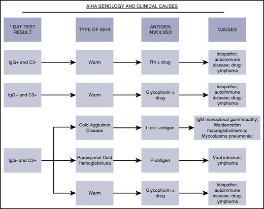 Figure 1. Direct antiglobulin test serology and clinical aspects. Shown are the spectrum of DAT serologic findings, autoimmune hemolytic classifications, antigen specificity, and medical/drug associations.10,11 Drugs most commonly implicated11-13,20 in drug-induced autoimmune hemolytic anemia are β lactam antibiotics (penicillin, ceftriaxone, cefotetan, and piperacillin), nonsteroidal anti-inflammatory drugs (tolmetin, sulindac, and diclofenac), quinine, purine nucleoside analogs (fludarabine and cladribine), and platinums (cisplatin and oxaliplatin).12,13