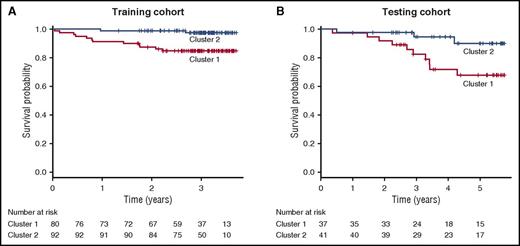 Figure 2. Kaplan-Meier survival curves in the training and testing cohorts. When compared with subjects with cluster 2 profiling, subjects with cluster 1 profiling experienced worse overall survival in both the training (A) and testing (B) cohorts. Vertical dashed lines indicate censored observations.