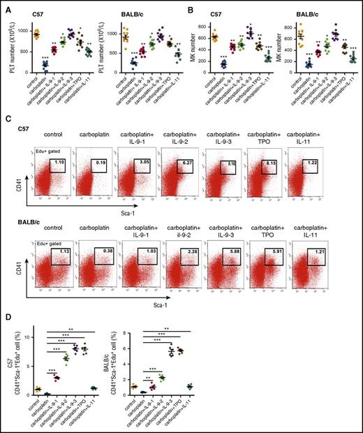Figure 6. Low doses of IL-9 prevent chemotherapy-induced thrombocytopenia. (A) BALB/c and C57BL/6 mice (2 months old) were injected with carboplatin (100 mg/kg) followed by daily injection with IL-9 (1, 2.5, or 7.5 µg/kg per day), TPO (100 µg/kg per day), or IL-11 (100 µg/kg per day) starting on the second day for 8 days. IL-9-1, 2, and 3 represent the dose of 1, 2.5, and 7.5 µg/kg per day, respectively. Mean platelet count was determined (n = 10, 1-way ANOVA). (B) MK counts in mice (n = 10, 1-way ANOVA). (C) FACS analysis of proliferation rate of MK progenitor cells (CD41+Sca-1+Edu+) in BM of treated mice (n = 6, Student unpaired t test). (D) Quantification analysis of CD41+Sca-1+Edu+ cells in (C) (n = 6, Student unpaired t test). Data are representative of 3 independent experiments and are represented as mean ± SD. *P < .05; **P < .01; ***P < .001.