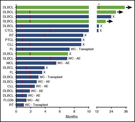 Figure 3. Time on study for patients who responded to selinexor treatment. Swimmers plot of time on study for patients achieving PR or better. Patients achieving CR are shown in green and PR in blue. Red lines indicate time at which best response was confirmed. *Indicates first PET-CT scan at cycle 16 confirming CR. Arrows indicate the patient is still on study as of the date of data cutoff. CTCL, cutaneous T-cell lymphoma; FLG3b, follicular lymphoma grade 3b; MCL, mantle cell lymphoma; RT, Richter’s transformation; WC–AE, withdrawal of consent because of AEs; WC-transplant, withdrawal of consent to undergo SCT; X, progressive disease.