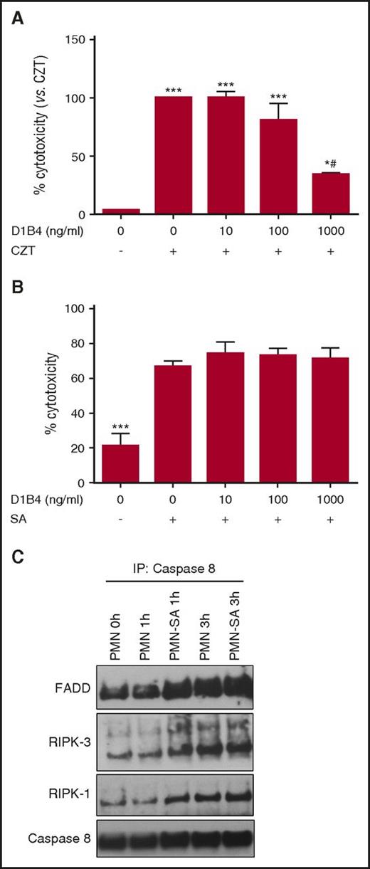 Figure 1. TNFα does not contribute to PMN-SA lysis. (A) HT-29 cells were pretreated without or with varied concentrations of TNFα neutralizing antibody (D1B4) and then stimulated with CHX, zVAD-fmk, and TNFα (CZT), as described in “Methods.” After 22 hours, LDH in supernatants was measured. Bars represent the average of at least 3 separate experiments ± SEM. P values were determined using repeated measures 1-way ANOVA and Tukey posttest (*P < .05 vs untreated, ***P < .0001 vs untreated, and #P < .05 vs CZT + 0, 10, or 100 ng/ml D1B4). (B) PMN were pretreated without or with varied concentrations of D1B4 and then incubated without or with SA. After 3 h, LDH in supernatants was measured. Bars represent the average of at least 3 separate experiments ± SEM. P values were determined using a 1-way ANOVA and Tukey posttest (***P < .0001 vs SA). (C) Reduced caspase 8 immunoprecipitates from sonicates of PMN or PMN-SA at 0, 1, and 3 hours after phagocytosis were probed for the presence of FADD, RIPK-3, RIPK-1, and caspase 8 by immunoblotting. Shown is a representative experiment of 5.