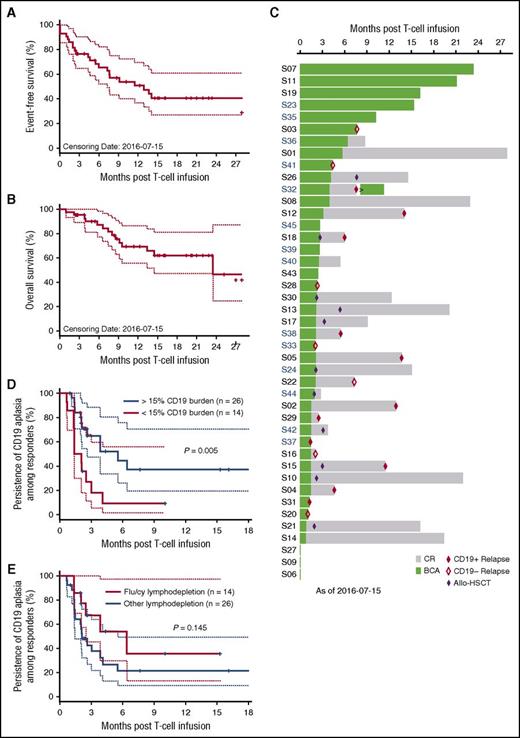 Figure 3. Antileukemia response durability. Kaplan-Meier curves of (A) EFS and (B) OS. (C) Waterfall plot of individual research participant remission duration, BCA duration, and timing of allogeneic (allo) HSCT and/or relapse. (D) Effect of CD19 burden on BCA durability. (E) Effect of flu as component of lymphodepletion regimen on BCA durability.