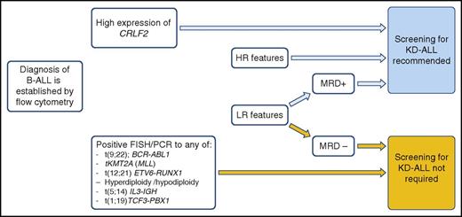 Schema for selecting B-ALL patients for KD-ALL screening. LR, low risk; MLL, mixed lineage leukemia.