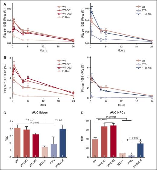 Figure 4. In vivo iPlt generation is decreased for FLI1-low and increased for FLI1-high lines. (A,B) NSG mice were infused with iMegs, and percentage of human platelets was determined at various points up to 24 hours. Means ± 1 SEM are shown with 4-7 independent experiments per arm. (A, left) Data analyzed per infused iMegs generated from isogenic genome-edited iPSC lines. (Right) Data analyzed per infused iMegs WT iPSCs and the 2 PTSx lines. (B) Same as in panel A, but analyzed per initial HPCs from which the iMegs were prepared. (C-D) Area under the curve (AUC) calculations for iPlt generation either from iMegs (C) or from HPCs (D). Means ± 1 SEM are shown with number of independent experiments per arm shown in each bar. Significant P values were determined using 1-way ANOVA.
