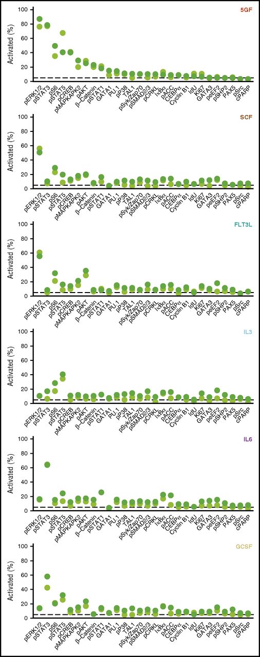 Figure 3. Frequencies of CD33+ and CD33− subsets of CD49f+ CB cells exhibiting different GF-activated signaling responses. Cells were defined as activated when the measured levels were greater than the 95th quantile of unstimulated CD49f+ cells. The displayed frequency represents the maximum at any time point following stimulation with the indicated GF.