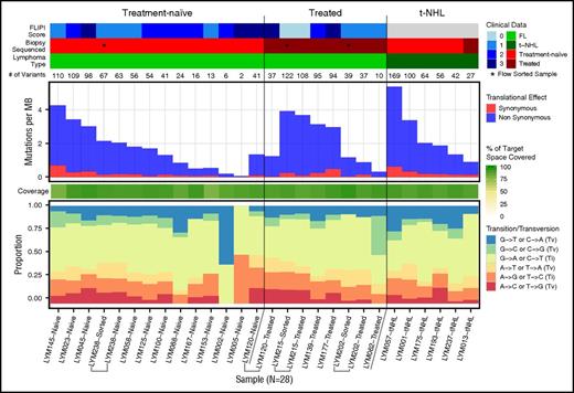 Figure 1. Mutation numbers and spectrum within the FL discovery sample set. Baseline genomic features of FL are shown for the exome sequenced discovery cohort. Clinical features (upper) are indicated for all 28 samples sequenced from 24 individuals. Immediately below the clinical features is a row indicating the total number of mutations per sample. Mutations per megabase sequenced (middle) is based on the total mutations within the targeted exome capture space successfully covered in each sample (80% breadth, 20× depth), with the percentage of the sequenced target region covered in each sample indicated immediately below in green. Finally, the rate of transitions and transversions in the mutations observed in each individual are shown (bottom). Bulk fresh-frozen samples were sequenced unless indicated (*) as a flow-sorted sample. Brackets group multiple samples from a single individual. MB, megabase; Ti, transition; Tv, transversion