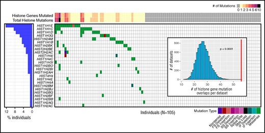 Figure 3. Histone gene mutations co-occur within individual patients with FL. Coding and splice site mutations in genes encoding the core histones (H2A, H2B, H3, H4) or histone linker (H1) often co-occur within patients. Each row represents a mutated histone gene, and each column represents a patient in this cohort. Histone mutations per patient are displayed at the top, indicating the total number of genes mutated (also summarized for the cohort in the bar graph on the left) and total number of mutations observed (includes multiple mutations per gene). The distribution of mutations and mutation types are indicated by colored boxes in the grid. For genes with multiple mutations in a single patient, only 1 mutation type is shown, with priority order indicated in the legend from the highest priority at the left to lowest at the right. Visualization created using GenVisR.41 (Inset) Histogram depicts the distribution of expected total histone gene mutation co-occurrences from 10 000 randomly permutated datasets with respect to the observed total co-occurrence in this cohort indicated by a red line (estimated P value < .0001). Although some patients had more than 1 mutation per histone gene, as indicated at the top, genes were considered mutated or not mutated for co-occurrence analysis. See supplemental Table 11 for a complete list of mutations. FS, frame shift; IF, in frame; SS, splice site.