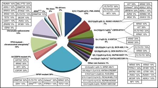 Figure 1. Molecular classes of AML and concurrent gene mutations in adult patients up to the age of ∼65 years. Class definition is based on the study by Papaemmanuil et al.37 For each AML class denoted in the pie chart, frequent co-occurring mutations are shown in the respective boxes. Data on the frequency of genetic lesions are compiled from the databases of the British Medical Research Council (MRC), the German-Austrian AML Study Group (AMLSG), and from selected studies.37,87,88,299 a indicates cohesin genes including RAD21 (∼10%), SMC1A (∼5%), and SMC3 (∼5%); b, inv(16)(p13.1q22) or t(16;16)(p13.1;q22); CBFB-MYH11; c, inv(3)(q21.3q26.2) or t(3;3)(q21.3;q26.2); GATA2,MECOM(EVI1); and d, TP53 mutations are found in ∼45%, and complex karyotypes in ∼70% of this class. The structure of the pie chart is adapted from Grimwade et al,50 generated by Adam Ivey (King’s College London, London, United Kingdom).