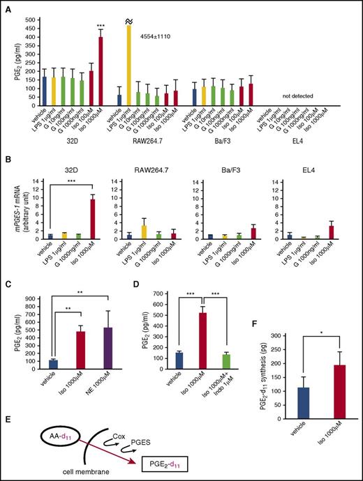 Figure 2. Neutrophil precursor cell line produces PGE2 by β-adrenergic stimulation. (A) PGE2 levels in culture supernatants of hematopoietic cell lines (8 hours after stimulation with indicated reagents; n = 3-4). Vehicle: PBS. G, G-CSF; Iso, isoproterenol. (B) qRT-PCR analysis of mPGES-1 mRNA in cell lines in A (n = 3). (C, D) PGE2 levels in culture supernatants of 32D cells (8 hours after stimulation with indicated reagents; n = 3-4). NE, norepinephrine; Indo, indomethacin. (E) Schema of deuterium-labeled arachidonic acid (AA-d11) assay. (F) Deuterium-PGE2 (PGE2-d11) levels in 32D culture (n = 14). Data are represented as mean ± SEM. *P < .05; **P < .01; ***P < .001.