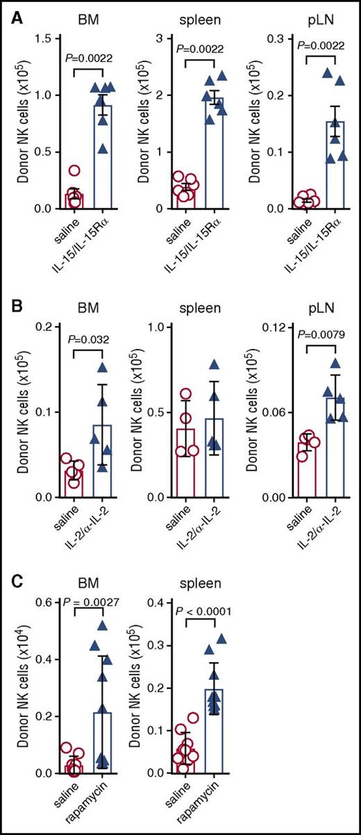 Figure 5. Exogenous IL-15 administration restores donor NK-cell reconstitution during GVHD. (A) B6D2F1 recipients were transplanted with B6 BM and CD3+ T cells and treated with saline (red) or IL-15/IL-15Rα complexes (blue). On day 7 posttransplant, donor-derived NK cells in the BM, spleen, and pLNs were quantified. Mean ± SEM pooled from 2 independent experiments; n = 6 per group. (B) Mice transplanted as in panel A were treated with IL-2/anti-IL-2 S4B6 complex. Donor NK-cell numbers were quantified on day 7. Mean ± SD from 1 of 2 independent experiments; n = 4-5 per group. (C) Mice were transplanted as in panel A, but received daily doses of saline or rapamycin (600 μg/kg; Wyeth) intraperitoneally daily for 9 days. Donor NK cells in the BM and spleen were enumerated at day 10 posttransplant. Mean ± SEM pooled from 2 independent experiments; n = 9-10 per group. Mann-Whitney tests were performed in panels A-C.