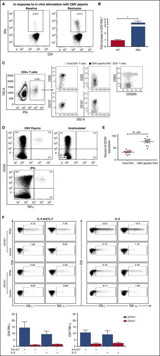 Figure 5. Characterization of CMV-specific CD4+ T cells in healthy donors vs AML patients. PBMCs were stimulated with an overlapping pool of MHC class II CMVpp65 peptides. Cells were gated on IFN-γ-producing CD4+ T cells and examined for the coexpression of a panel of surface markers as outlined in “Materials and methods” (n = 11). (A) A representative FACS plot depicting IFN-γ-producing CMV-specific CD4+ T cells in a patient with AML before (baseline) and after recovery from chemotherapy (remission). (B) Significant fold increase in CMV-specific CD4+ T cells in patients with AML after daunorubicin treatment (*P = .036). (C) A representative FACS plot showing the phenotype of IFN-γ-producing CMV-specific CD4+ T cells (black) overlaid on total CD4+ T cells (gray). CMV-specific T cells are predominantly CD95+, CD45RA−, CD62L−, and CD127+. (D) A representative FACS plot showing that the majority of IFN-γ+ and TNF-α+ CMV-specific CD4+ T cells also express CD161. (E) CD161 expression on CMV-specific CD4+ and total CD4+ T cells. The majority of CMV specific CD4+ T cells coexpress CD161. (F) Representative FACS plots show the frequency of CMV-specific CD4+ T cells derived from CD161+ (top) and CD161− (bottom) T cells after stimulation with CMVpp65-loaded autologous B cells in the presence of IL-4 and IL-7 (left) or IL-2 (right) for 10 days. Bar graphs depict cumulative results for absolute frequency of CMV-specific T cells from 4 independent experiments. Data are shown as mean ± SE.