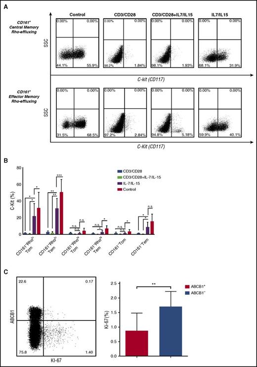 Figure 7. CD4+ CD161+ drug-effluxing T cells maintain c-kit expression after stimulation. CD4+CD161+ T cells were sort-purified according to rhodamine effluxing capacity (Rholo and Rhohi) and were stained for c-kit expression after stimulation with anti-CD3/CD28 beads. (A) Representative FACS plots depict c-kit expression on CD4+CD161+Rholo T cells in response to stimulation. (B) Cumulative data from 5 independent experiments show the c-kit expression on CD4+CD161+Rholo, CD4+CD161+Rhohi, and CD4+CD161−. Statistics were calculated using Student t test. *P < .05; **P < .01; ***P < .001; ****P < .0001; ns = not significant. (C) CD4+CD161+ T cells were stained for ABCB1, followed by intracellular staining for Ki67. Representative dot plots show the expression of Ki67 on ABCB1+ vs ABCB1− CD161+CD4+ T cells. Cumulative data demonstrate the higher expression of Ki67 on ABCB1− noneffluxing CD161+CD4+ T cells. Mean ± SE of 3 separate experiments were shown.