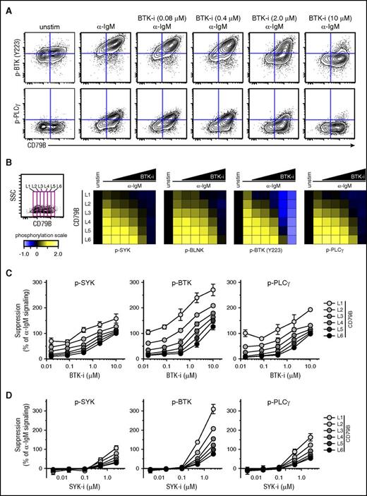 Figure 5. Higher concentrations of ibrutinib and fostamatinib are required to efficiently suppress α-BCR–induced signaling in CD79Bhi cells as compared with CD79Blow cells. Granta 519 cells overexpressing CD79B were left untreated or treated with different concentrations of ibrutinib (BTK-i, 0.016-10.0 μM) or fostamatinib (SYK-i, 0.004-2.5 μM) for 1 hour, prior to α-IgM Ab stimulation for 4 minutes. The cells were stained with Abs as described in Figure 4. (A) Contour plots for CD79B expression vs p-BTK or p-PLCγ in cells treated with various concentrations of ibrutinib. (B) Same gating strategy was used to study α-BCR–induced signaling in cells with distinct expression levels of CD79B, from L1 to L6 (low-high). The effect of ibrutinib on α-IgM–induced phosphorylation is shown as heatmaps, relative to unstimulated cells. (C) Dose response for ibrutinib per CD79B expression level (mean ± SEM) (n = 3). (D) Dose response for fostamatinib per CD79B level (mean ± SEM) (n = 3).