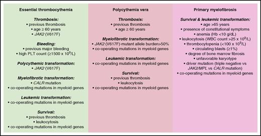 Figure 5. Conventional and molecular risk factors for patients with MPNs. Information is from studies discussed in the “Risk stratification” section.