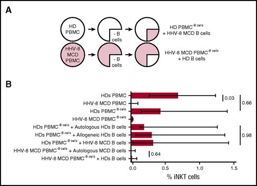 Figure 5. Normal B cells do not rescue the impaired proliferation of iNKT cells in patients with HHV-8 MCD. (A) Experimental design. B cells from HDs were isolated by negative selection, cocultured with allogeneic B cell–depleted PBMCs from patients with HHV-8 MCD, and stimulated for 7 days with α-GalCer and IL-2. Alternatively, negative isolated B cells from patients with HHV-8 MCD were cultured with allogeneic B cell–depleted PBMCs from HDs. As controls, B cells from HDs were cultured with allogeneic and autologous B cell–depleted PBMCs from HDs; B cells from patients with HHV-8 MCD were cultured with autologous B cell–depleted PBMCs derived from patients with HHV-8 MCD. Cells were stained with CD3 and iTCR mAbs to identify iNKT cells. (B) Bar chart shows cumulative data as frequencies and median ± interquartile ranges of iNKT cells at day 7 in the PBMCs of 6 HDs and 3 patients with HHV-8 MCD. Significant P < .05, Kruskal-Wallis and Mann-Whitney tests.