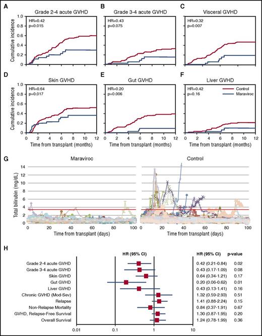 Figure 1. CCR5 blockade with maraviroc reduces the incidence of acute GVHD. (A) Cumulative incidence of grade 2-4 acute GVHD in control or maraviroc-treated patients. (B) Cumulative incidence of grade 3-4 acute GVHD. (C) Cumulative incidence of visceral GVHD (gut or liver). (D-F) Cumulative incidence of organ-specific GVHD in the skin (D), gut (E), and liver (F). (G) Total bilirubin levels in control or maraviroc-treated patients up to 100 days after transplant. Each line represents an individual patient. The horizontal red line indicates 3 times upper limit of normal. (H) Forest plot of the indicated clinical parameters comparing control or maraviroc-treated patients. Adjusted hazard ratio (HR) and P values are indicated for each comparison.